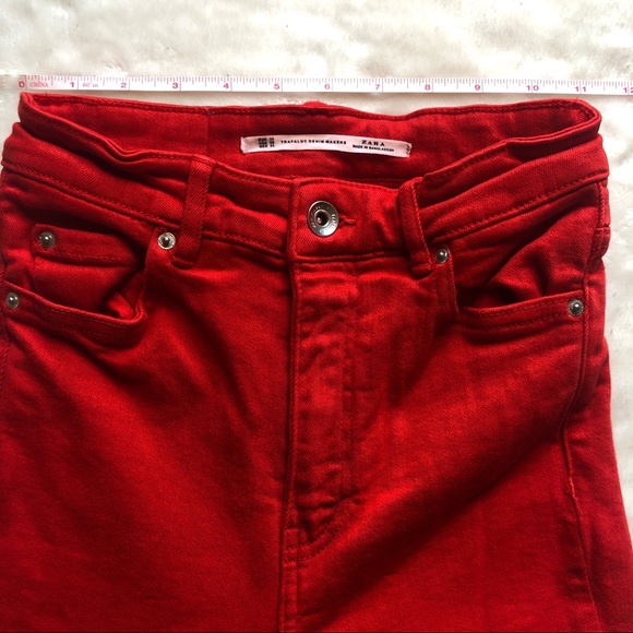 ZARA Trf Red Straight Leg Jeans High Rise Ripped Raw Hem Size 2 - Picture 6 of 11